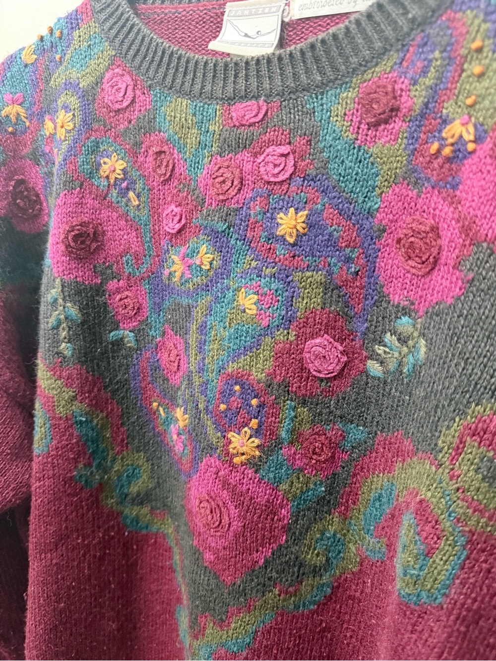 Vintage 90s Burgundy Floral Cottagecore Fairy Oversized Knit Grandma Sweater L - Picture 2 of 6